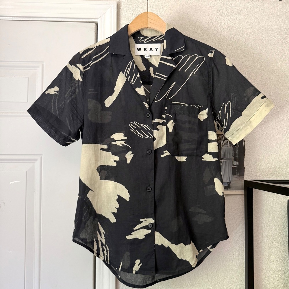 WRAY black cream abstract printed semi sheer short sleeve cotton button up shirt